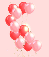 Realistic pink balloon, gold confetti, party banner, happy valentine's day , love card, happy birthday celebration background vector illustration