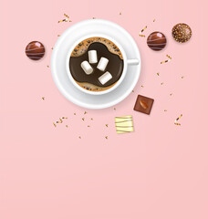 Realistic chocolate and coffee cup, delicious dessert pattern, valentine's day, love banner, top view chocolate pralines collection, black and white chocolate vector illustration