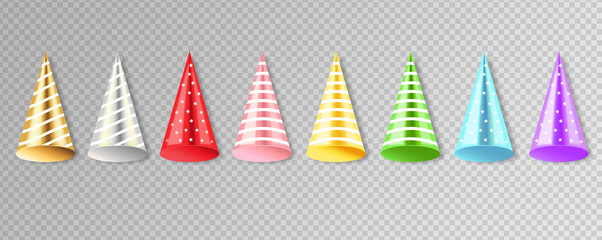 Party hat isolated, colored hats big set, celebration banner, happy birthday, vector illustration