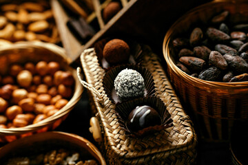 Handmade different candies inside of candy wrapper stand on wicker basket with nuts around.