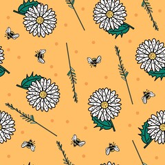 Seamless vector pattern with cute daisies and bees. Summer background for textiles. Floral print. - 353604256