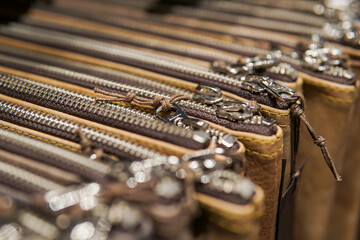 Close up of leather pencil cases