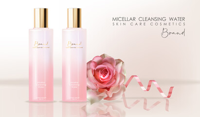 Realistic cosmetics skin care, micellar cleansing water, pink bottle packaging mockup 3d, floral liquid, pink cosmetics, rose background, face treatment vector illustration