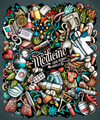 Obraz premium Medicine hand drawn vector doodles illustration. Medical poster design.