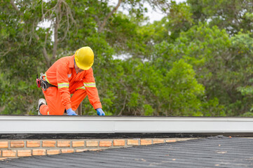 Construction worker putting the asphalt roofing (shingles) with nail gun on a large commercial apartment building development