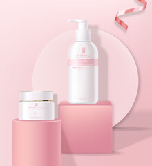 Realistic cosmetics skin care, geometric forms, cleanser and hydration cream, white bottle packaging mockup 3d, floral liquid, pink design, rose background, face treatment vector illustration