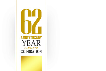 62 year anniversary, minimalist logo Box White Shape . ribbon, greeting card. Birthday invitation. year sign. Gold space vector illustration on white background - Vector