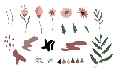 Simple pink, brown geometric shapes, stripes, flowers, leaves, spots, strokes. Hand illustration. Scandinavian style, design for wallpaper, fabric, textile.

