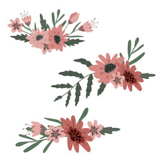 Simple pink, brown geometric shapes, stripes, flowers, leaves, spots, strokes. Hand illustration. Scandinavian style, design for wallpaper, fabric, textile.
