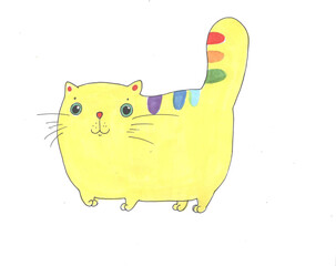 Cute yellow cat painted by watercolor isolated on white