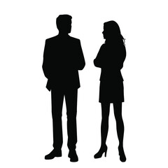 Vector silhouettes of  man and a woman, a couple of standing business people, black color isolated on white background