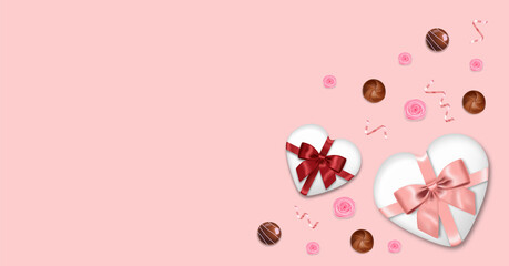Obraz na płótnie Canvas Realistic chocolate, rose, gift, pink conffeti and lights valentines day, party banner, pink background, love concept, romantic card vector illustration