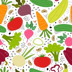 Seamless pattern with cartoon vegetables, decor elements. colorful vector. hand drawing, flat style. design for fabric, print, textile, wrapper