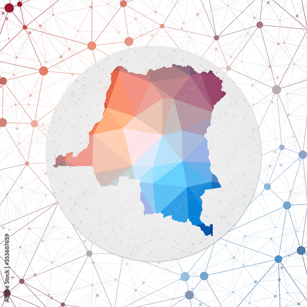 Poster Abstract vector map of DR Congo. Technology in the country geometric style poster. Polygonal DR Congo map on 3d triangular mesh background. EPS10 Vector.