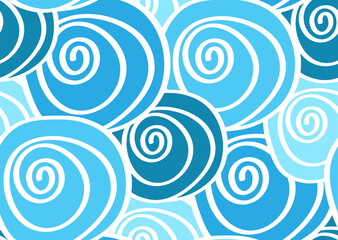 Vector marine seamless pattern with swirling spiral round blue waves