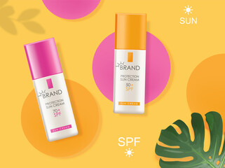 Realistic protection cream bottle isolated container 3d, sun cream elegant design, packaging mockup, graphic banner, tropical background, spf, pink and orange design, geometric scene vector