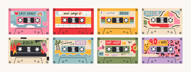 Set of eight Retro Vintage tape Cassettes. Various audio tapes. Different Mixtapes. Love songs, Relax, Rock, Nineties hits etc. Hand drawn colored Vector illustrations. Every cassette is isolated - obrazy, fototapety, plakaty