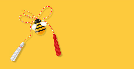 Hello spring, 1 march, 8 march, realistic martisor with bee, spring symbol red and white, yellow march banner, season decoration vector illustration