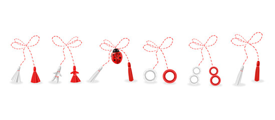 Hello spring, 1 march martisor red and white big set isolated, spring symbol realistic vector illustration
