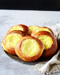 Homemade buns with cottage cheese (cheesecakes) in a dish on a gray background, Russian cuisine