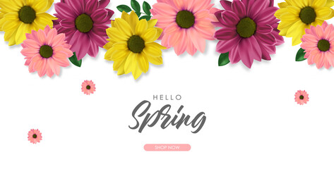 Hello spring, realistic colored flowers, weeding card, spring invitation, sale shop banner, elegant background, vector illustration