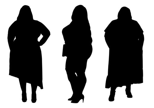Set of silhouettes of obese women. Dumplings, women XXL size. Beautiful  curvy women. Overweight ladies. Fat females. Vector illustration. Stock  Vector