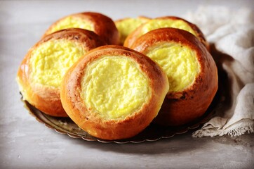 Homemade buns with cottage cheese (cheesecakes) in a dish on a gray background, Russian cuisine