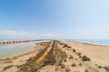 DELTA DE L'EBRE, TARRAGONA, CATALUNYA, SPAIN - JUNE 5, 2019: Beach of "punta de la banya" Bird breeding reserve.