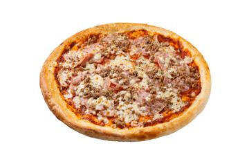 Delicious hot italian Pizza with pepperoni, brisket, ham, beef, oregano and cheese mozzarella