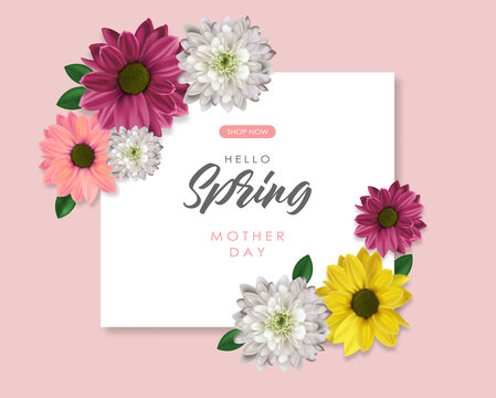 Hello spring, mother day, 8 march, realistic colored flowers, weeding card, spring invitation, sale shop banner, elegant background, vector illustration