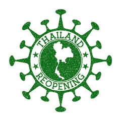 Thailand reopening stamp. Green round badge of country with map of Thailand. Country opening after lockdown. Vector illustration.