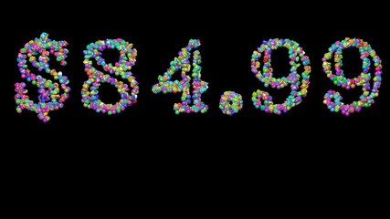 $84. written in 3D illustration by colorful small objects casting shadow on a black background