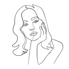 Minimal line vector woman. Linear glamour portrait woman. Portrait of girl. Linear glamour logo in minimal style for beauty salon, beautician, makeup artist, stylist. Hand drawn art.