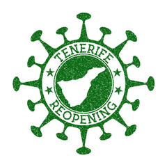 Tenerife reopening stamp. Green round badge of island with map of Tenerife. Island opening after lockdown. Vector illustration.