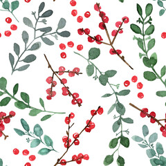Pattern Christmas ornaments from the branches painted with watercolors on white background. Branches of trees. Holly sprigs with red berries.