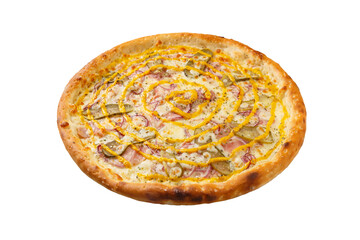 Delicious hot italian Pizza with mustard sauce, ham, brisket, red onion, pickled cucumber, oregano and cheese mozzarella
