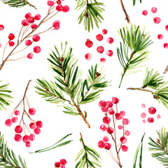 Pattern Christmas ornaments from the branches painted with watercolors on white background. Branches of trees. Holly sprigs with red berries.