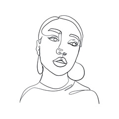 Linear glamour woman in minimal style with earring. Promotion logo design for jewelry. Linear female beauty simple face. Continuous line. 