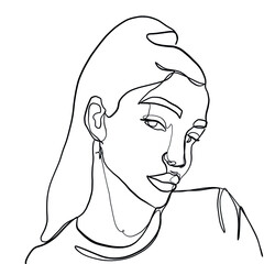 Minimal line vector woman. Linear glamour portrait woman. Portrait of girl. Linear glamour logo in minimal style for beauty salon, beautician, makeup artist, stylist. Hand drawn art.