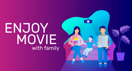 Enjoy movie with family. Home cinema banner template. A family with a child is sitting on the sofa while watching a movie.