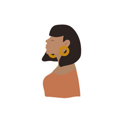 Portrait of a dark stylish girl with dark hair. Cartoon character. Isolation. T shirt print design. Flat hand drawn illustration.