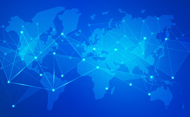 Internet Connection and world map Background With Neon Effect. Low Poly, Dot, Circle, Line, Light. Digital Science Technology Concept. Digital Technology Backdrop. Vector Illustration