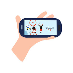 Hockey match of the national team GOAL on your smartphone! Cartoon illustration on a sports theme.