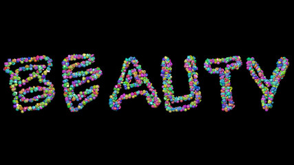 Colorful 3D writting of BEAUTY text with small objects over a dark background and matching shadow