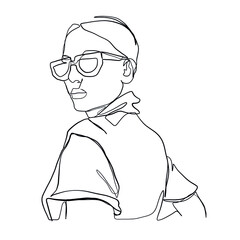 Stylish one continuous line woman in sunglasses. Fashionable typography girl in minimalist style. Beauty sign. Attractive fashion model. Summer fashion.