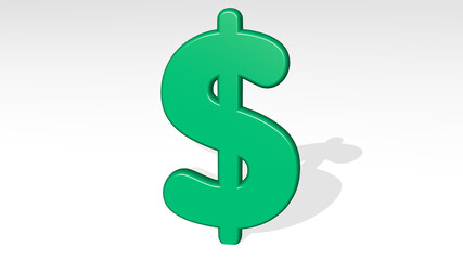 Fototapeta premium dollar sign made by 3D illustration of a shiny metallic sculpture on a wall with light background