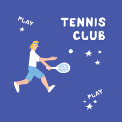 Tennis playing club hand drawn vector illustration isolated on classic blue. Sportsman blond with handwritten lettering composition.