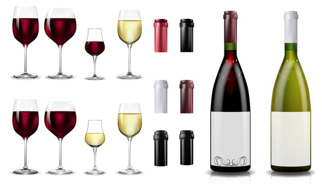 Red and white wine bottles and glasses. Realistic mockup