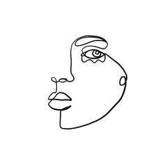 Female head silhouette drawn in one continuous line. Linear glamour logo in minimal design for hair stylist, makeup artist, beauty salon and cosmetology.