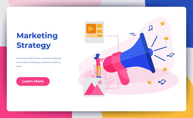 Digital Mobile And Affiliate Online Social Media, Digital Marketing Or Marketing Strategy Concept. Refer A Friend Advertising Content Promotion Strategy. Modern Flat Design Concept Of Landing Page Web
